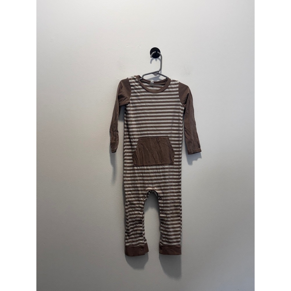 Okie Dokie Baby Boys Brown White Striped Long Sleeve Romper 24M Snaps Pocket